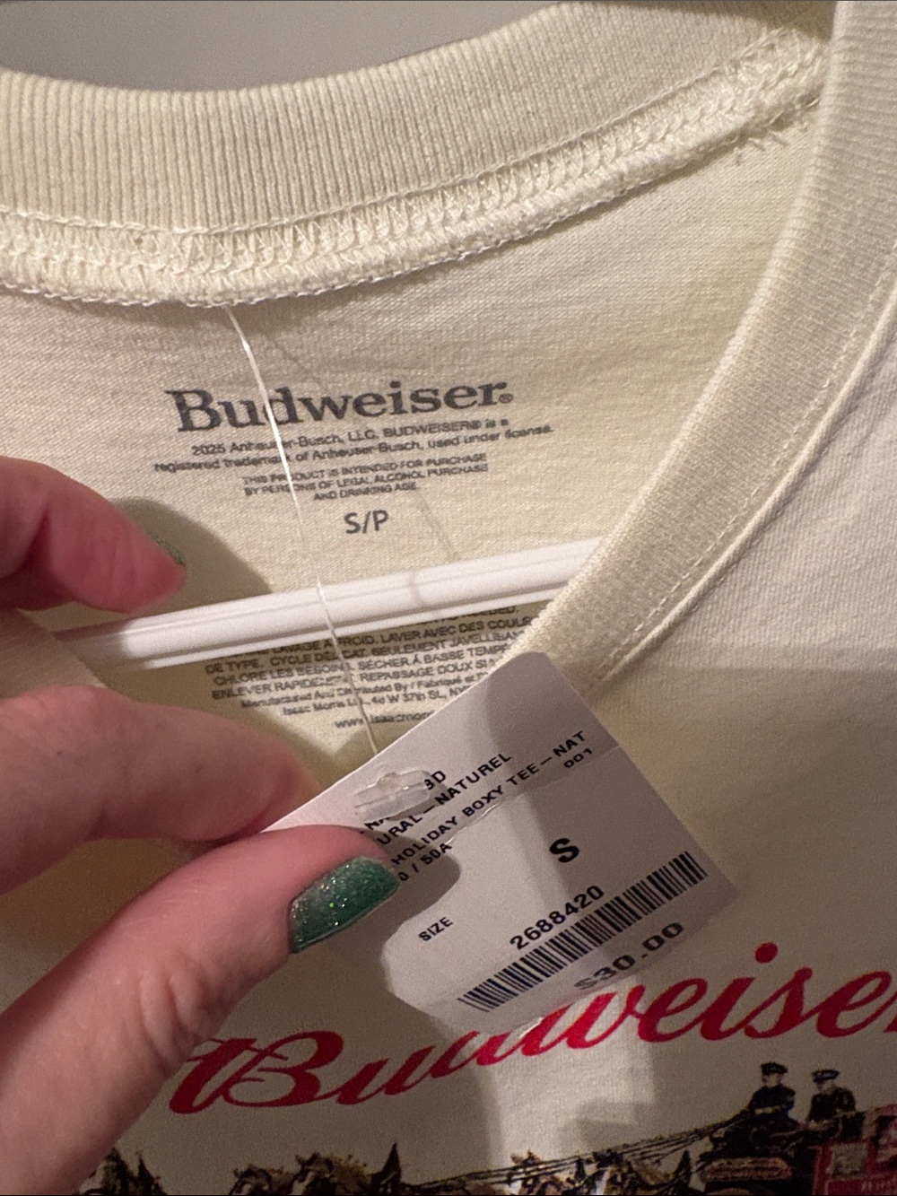 Budweiser ladies Cream Graphic Tee with Clydesdale Print small - Picture 2 of 2